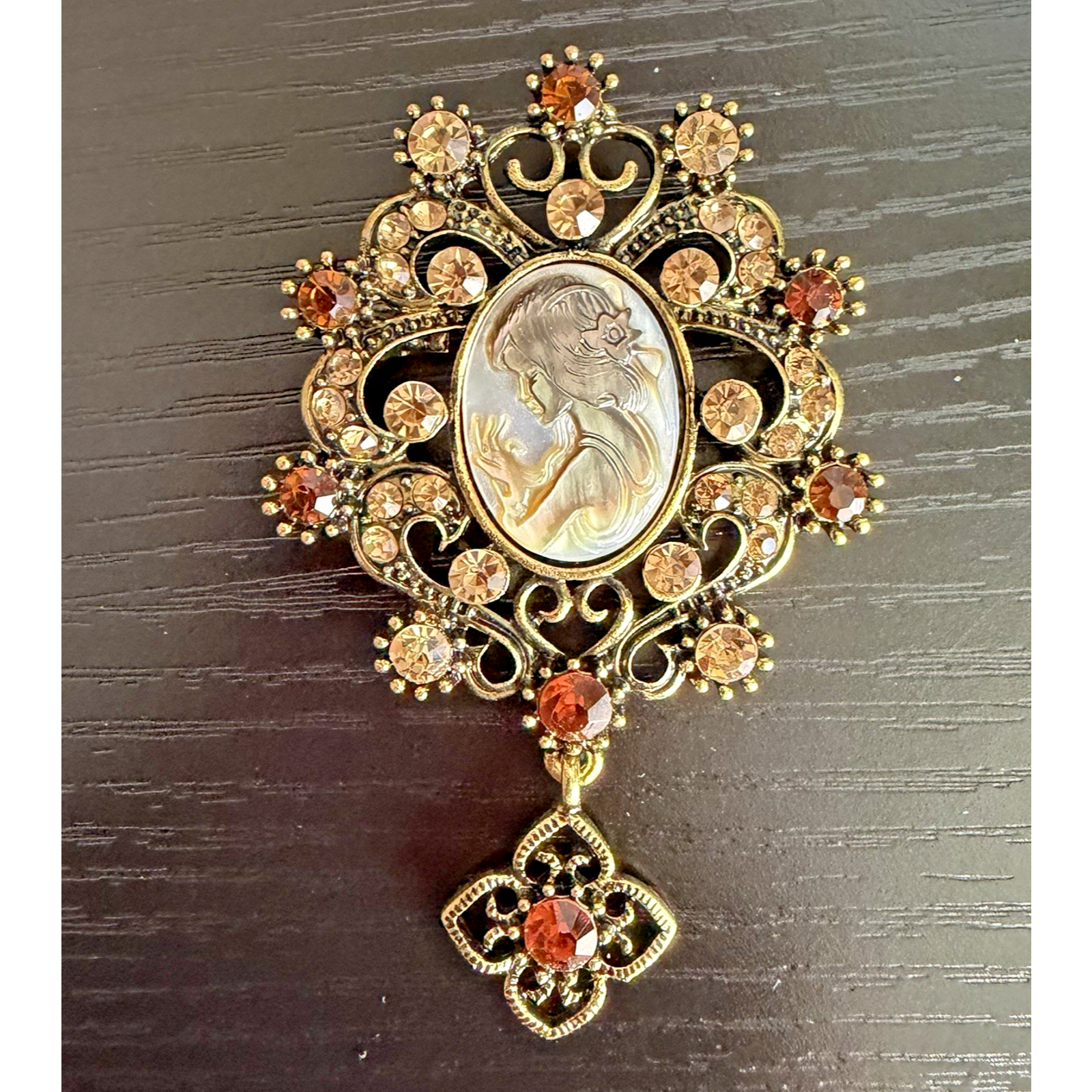 Vintage Cameo Brooch Dangle Amber Rhinestones Ornate Gold Tone Statement 25$